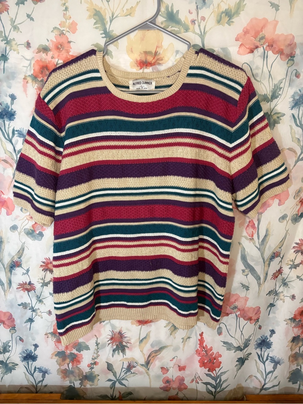 Vintage Alfred Dunner Cream Multi-Stripe Short Sleeve Sweater